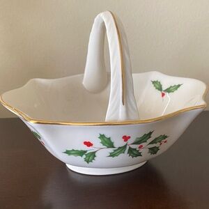 Lenox Holiday Candy Basket with Holly and Gold Accents